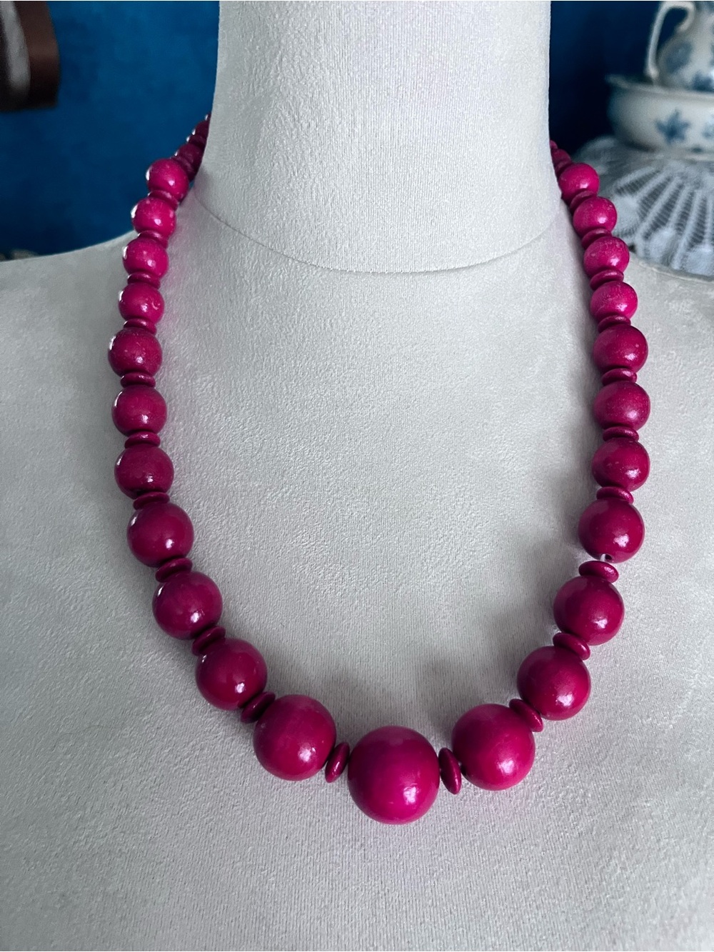 Hot Pink Wood Bead Statement Necklace Boho Artisan Chunky Beaded Jewelry
